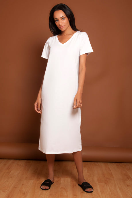 Basic V Neck Tee Dress White