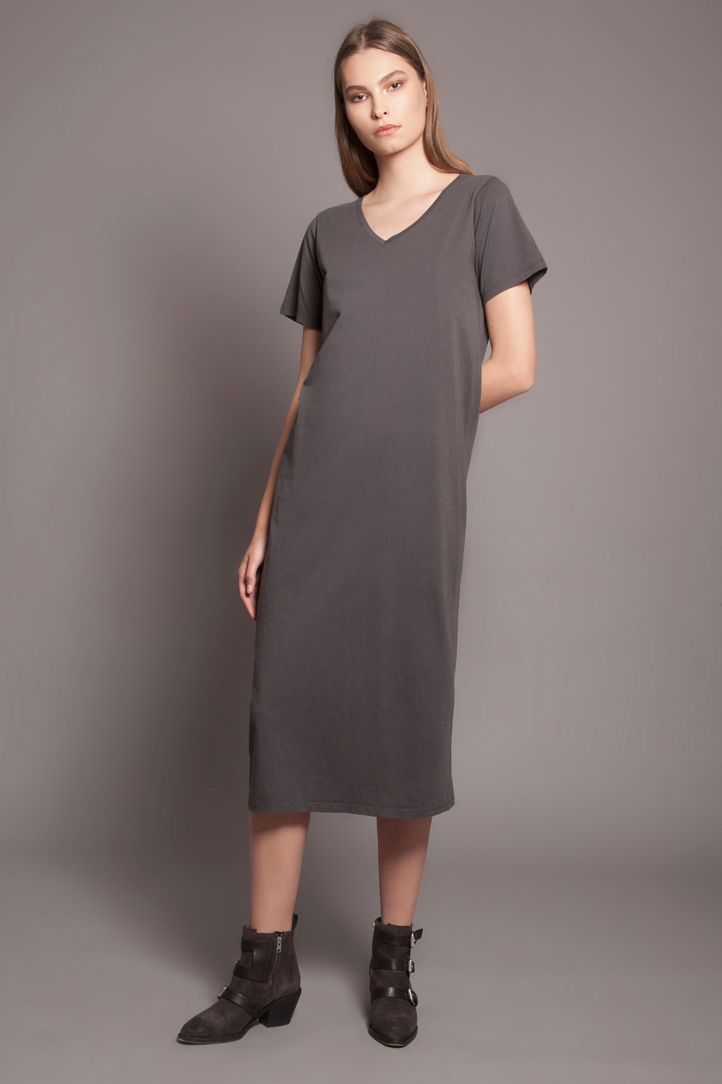 Basic V Neck Tee Dress Anthracite
